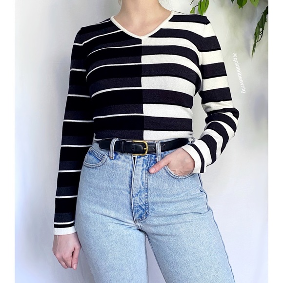 Vintage Sweaters - Vintage Contrast Striped Retro Woven Knit Sweater Top